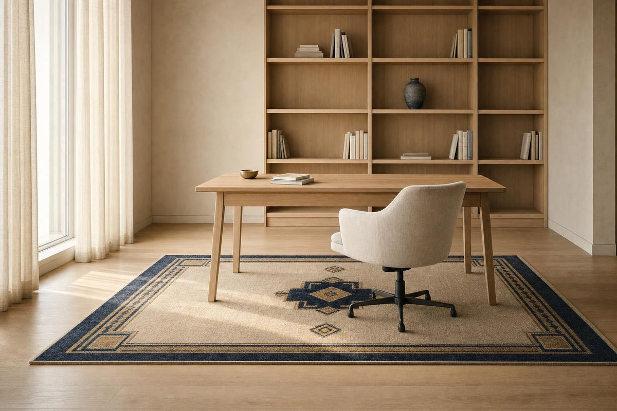 Un tapis à motif bleu nuit et or sous un bureau en chêne clair et son siège à roulettes