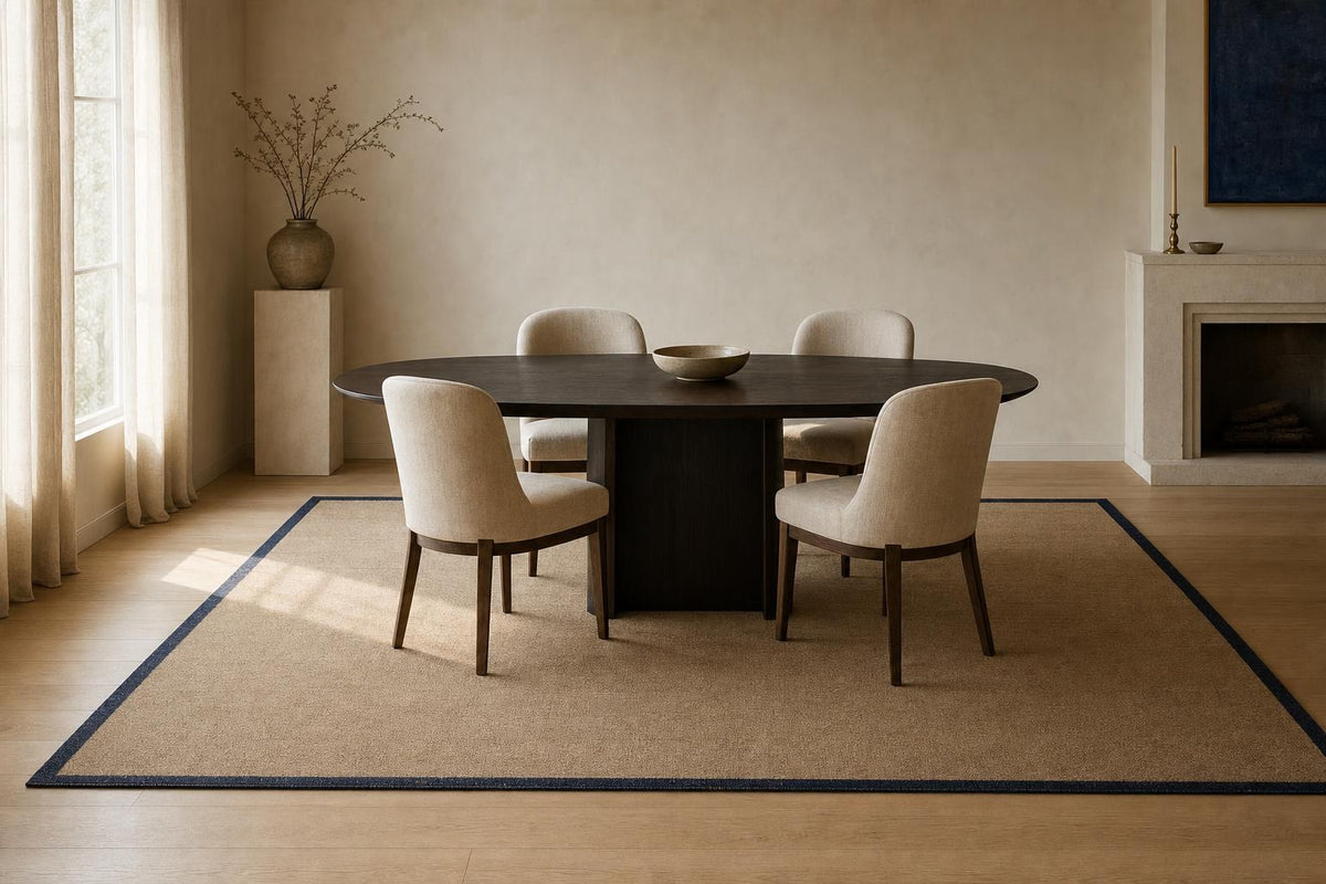 Un tapis sable à liseré bleu nuit dépasse la table de salle à manger et garde les chaises dessus