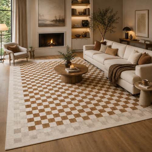 Tapis damier beige et blanc
