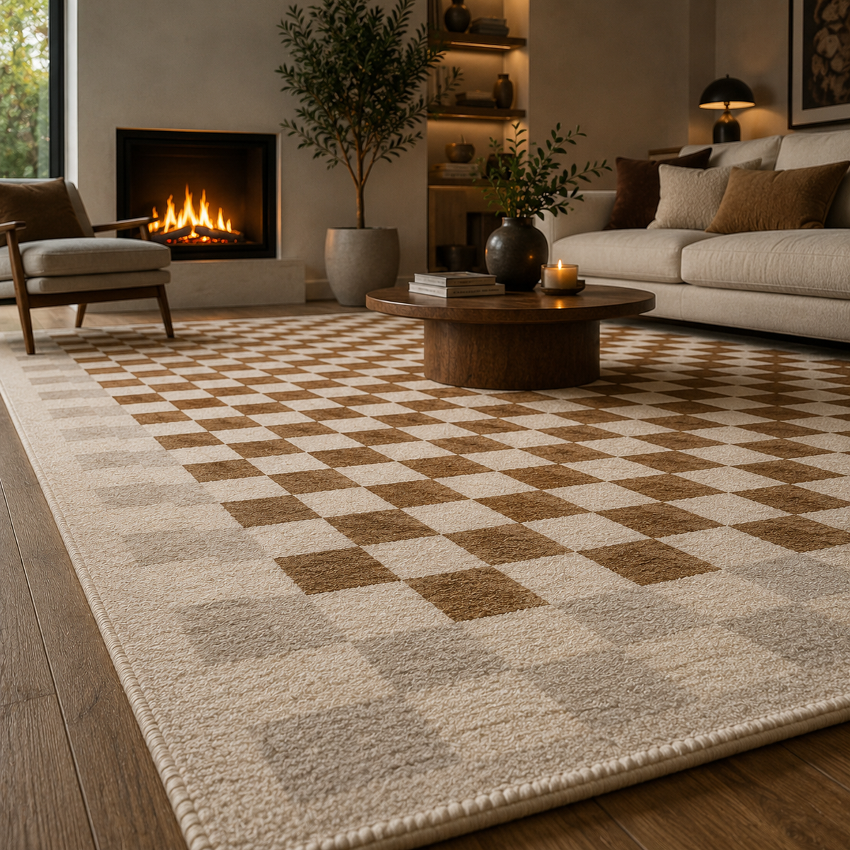 Tapis damier beige et blanc