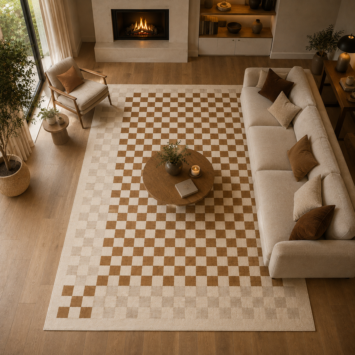 Tapis damier beige et blanc