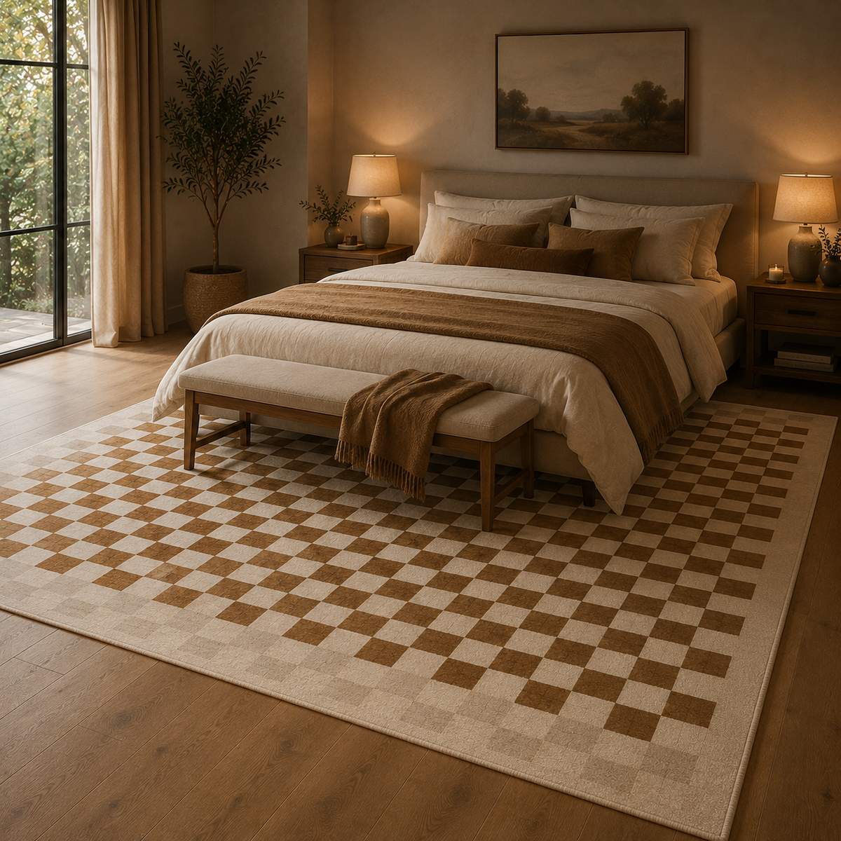 Tapis damier beige et blanc