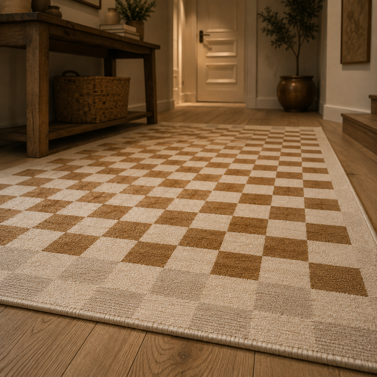 Tapis damier beige et blanc