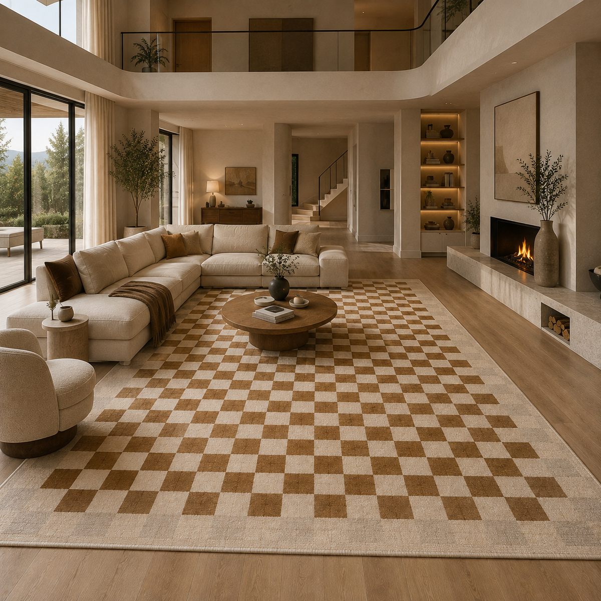 Tapis damier beige et blanc