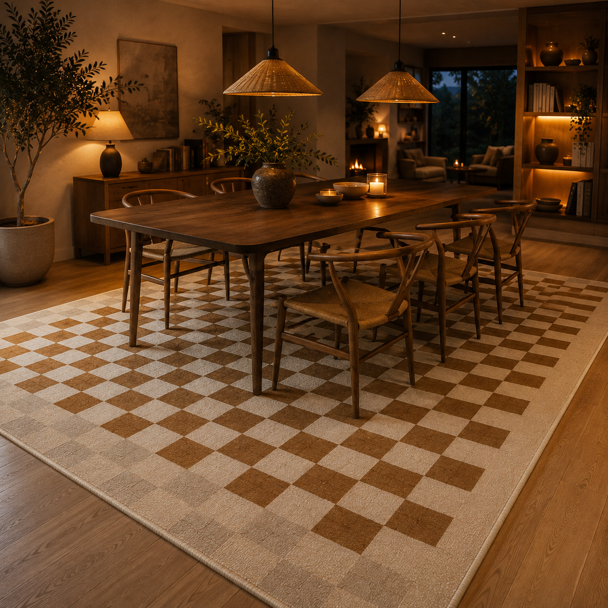 Tapis damier beige et blanc