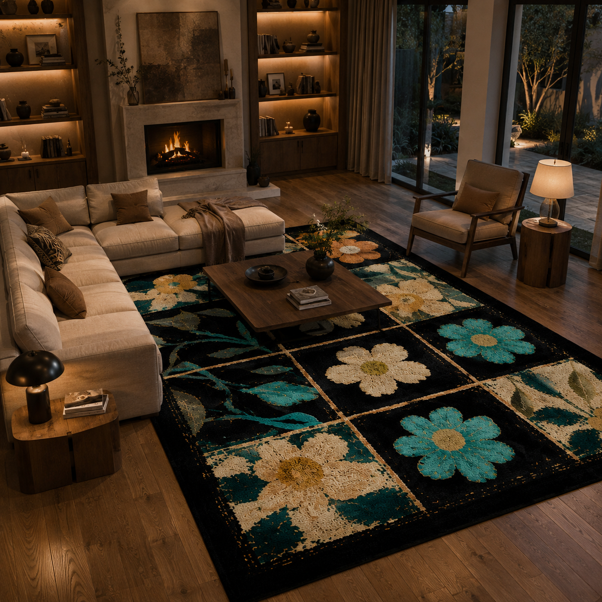 Tapis noir à fleurs