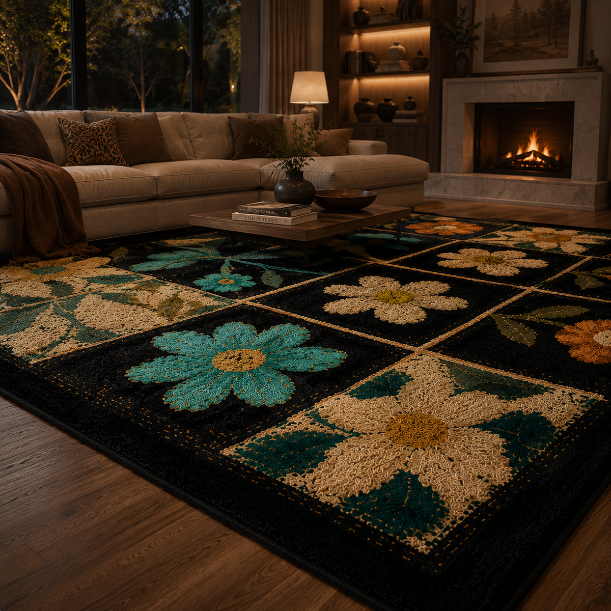 Tapis noir à fleurs
