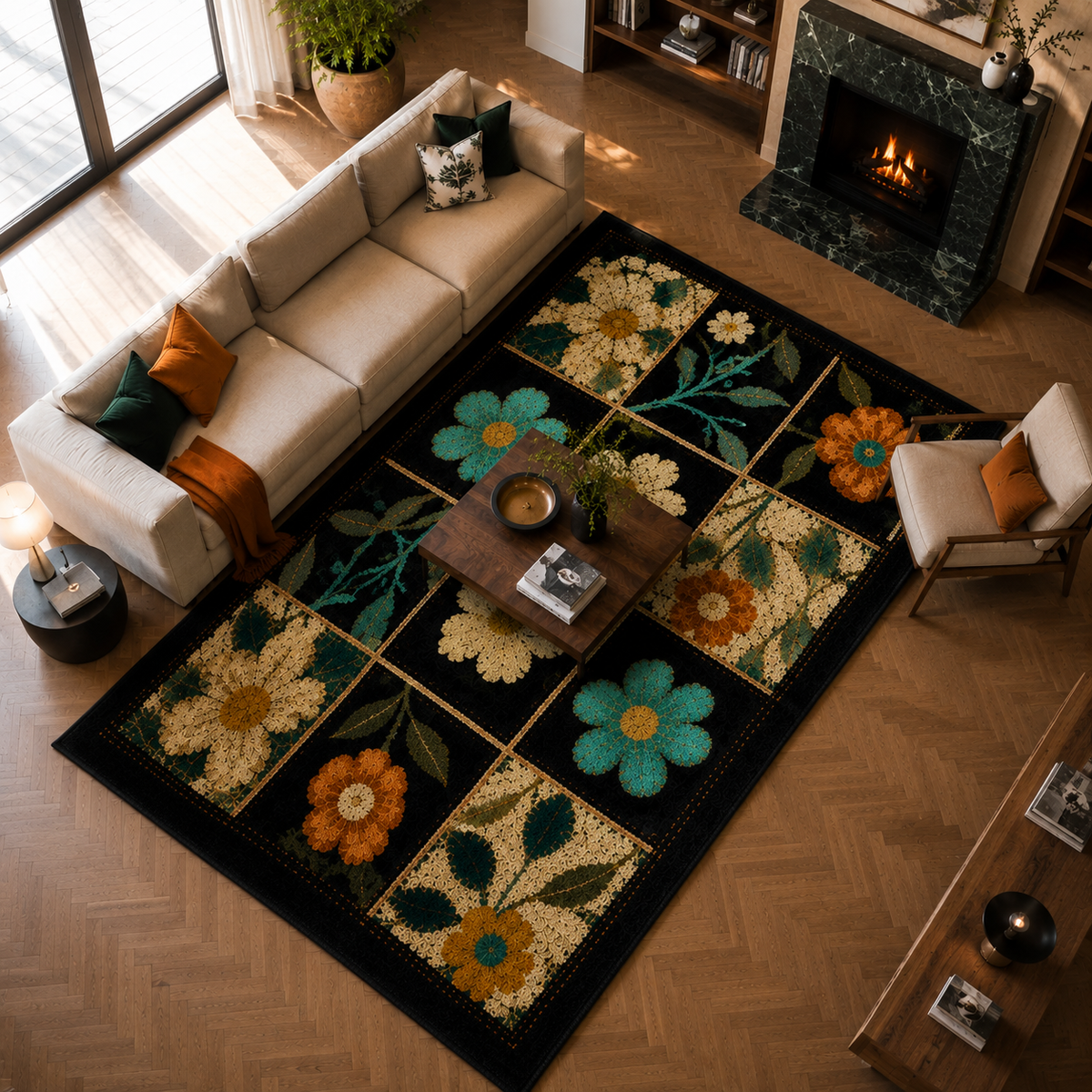 Tapis noir à fleurs