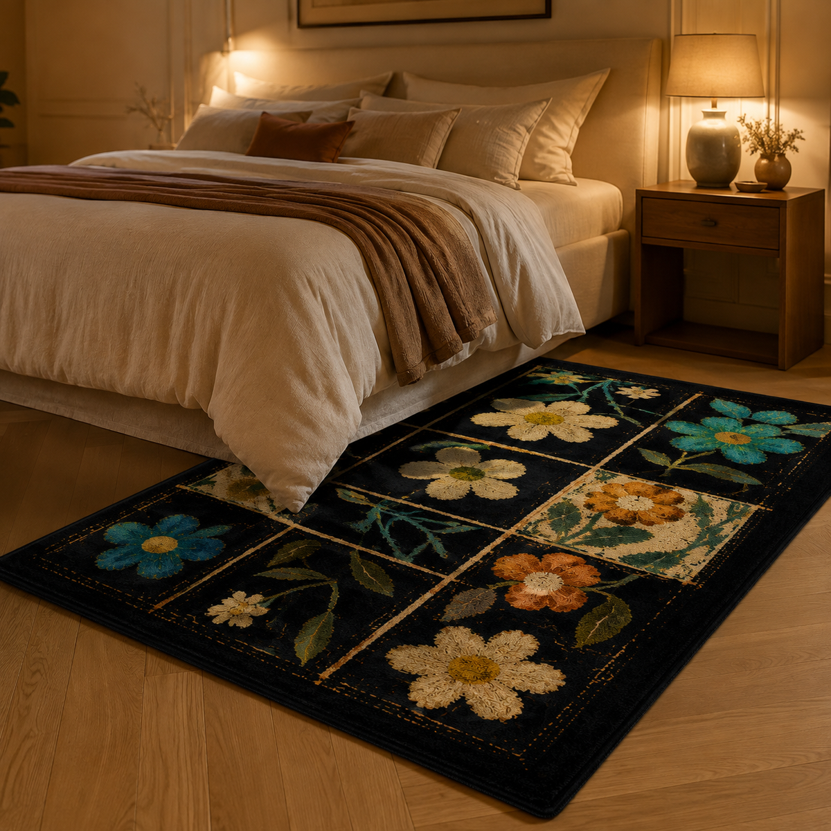 Tapis noir à fleurs