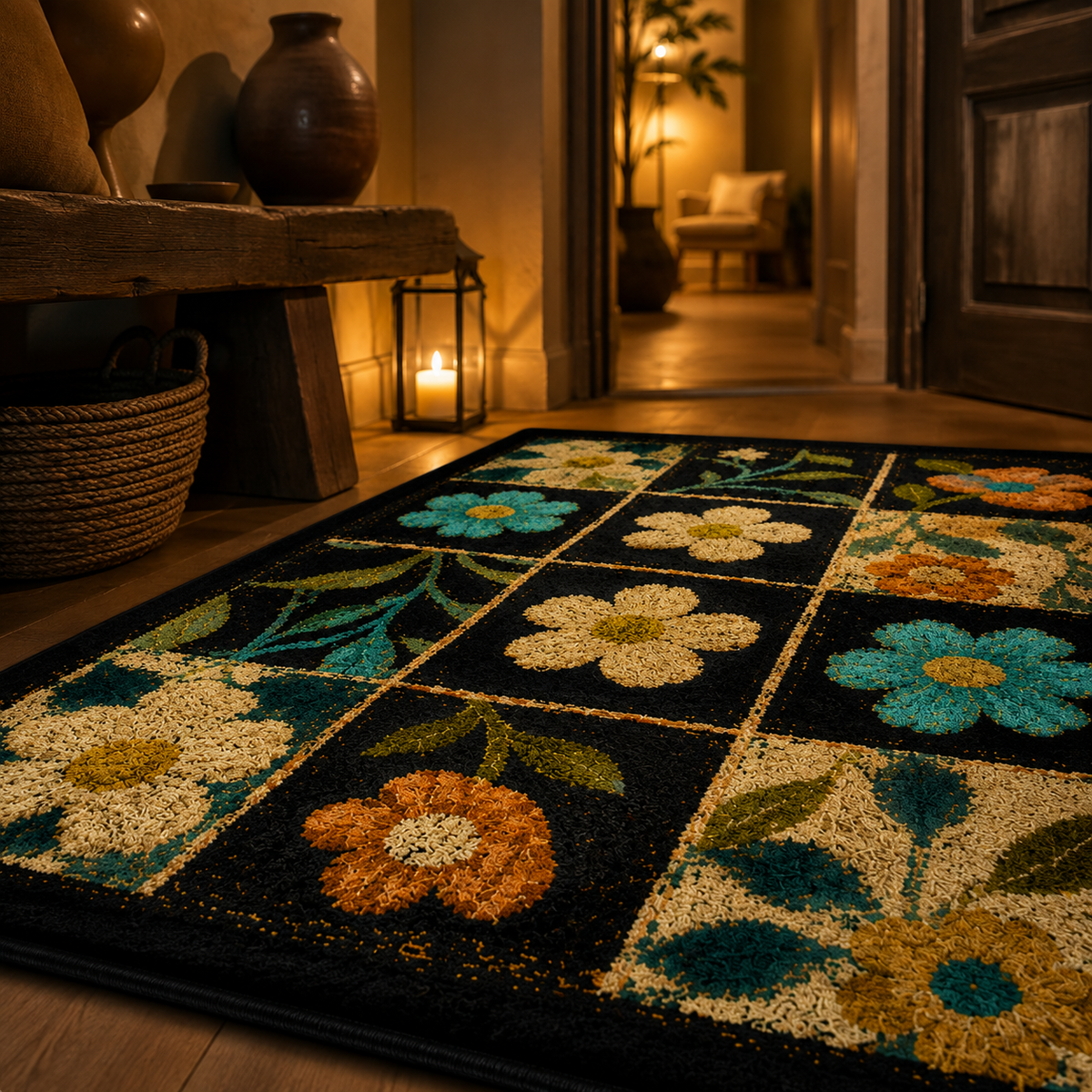 Tapis noir à fleurs