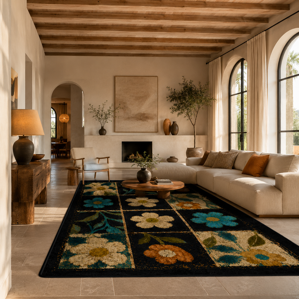 Tapis noir à fleurs
