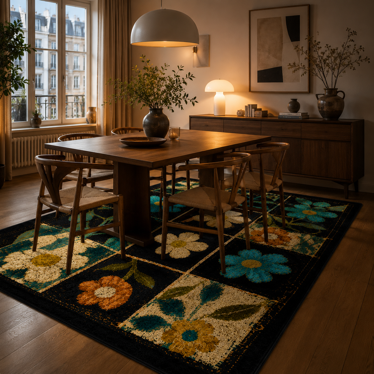 Tapis noir à fleurs