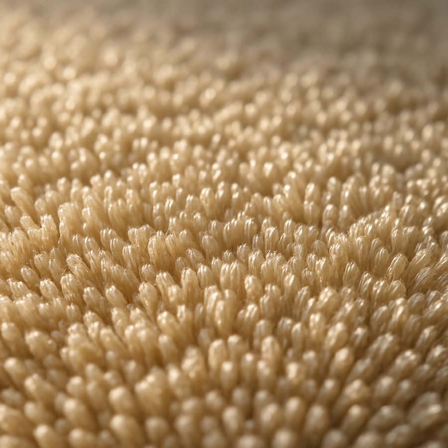 Gros plan sur le poil dense d’un tapis en microfibre, teinte sable