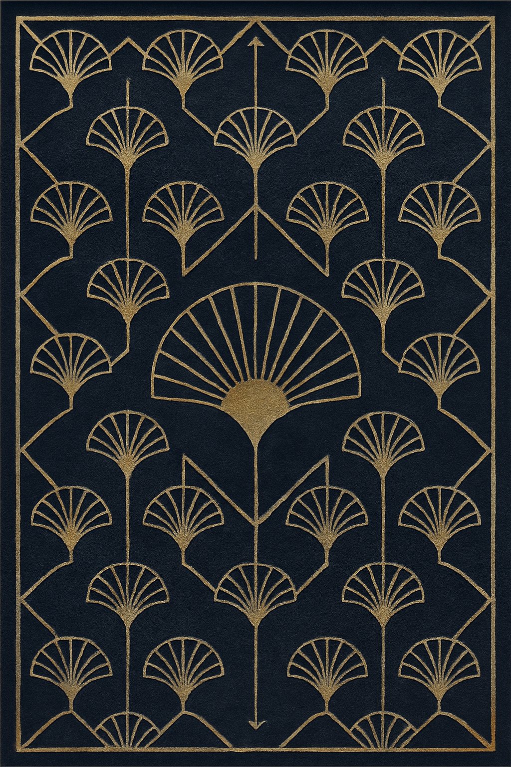 Tapis art déco bleu Brasserie — coloris Nuit & or brassé, vu de dessus