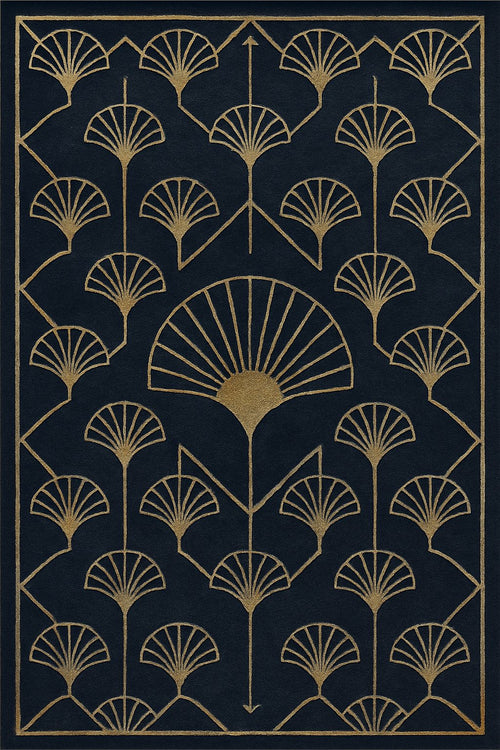 Tapis art déco bleu Brasserie — coloris Nuit & or brassé, vu de dessus