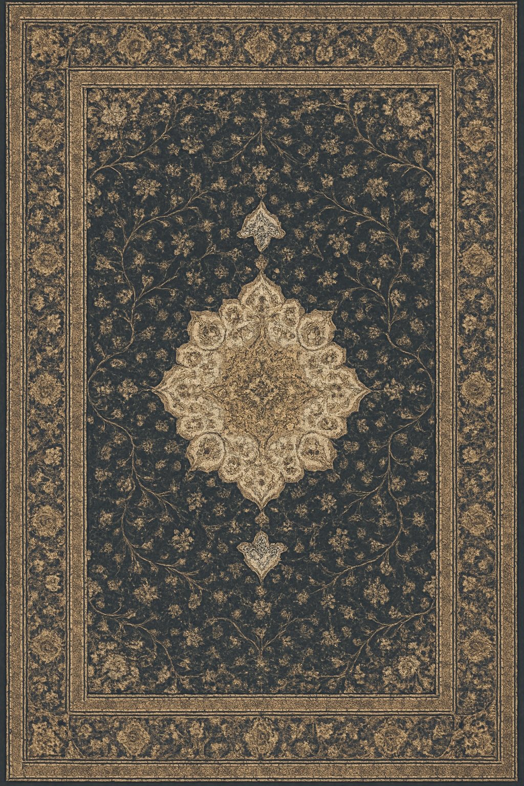 Tapis persan bleu Séraphine — coloris Nuit & or, vu de dessus