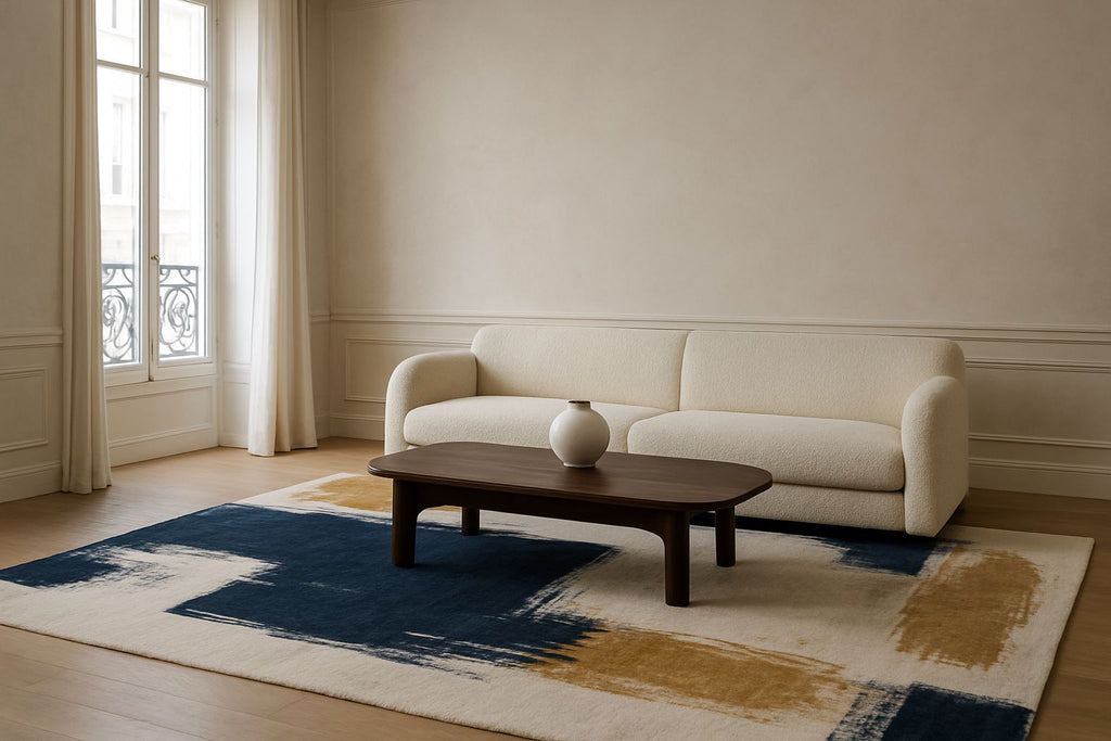 Tapis design bleu nuit Solstice — en situation
